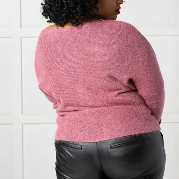 Cozy Off Shoulder Knit Sweater - Pink (Mauve), S/M, M/L - Picture 3 of 4